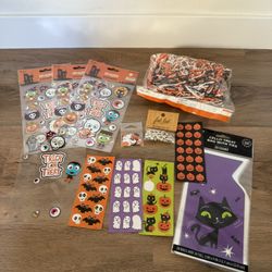 Halloween stickers, treat bags, decorations