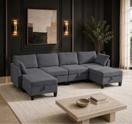 Dark Gray Combination Reversible 4-Seater Modular Sofa with Storage Ottomans,Rivet Design Convertible.