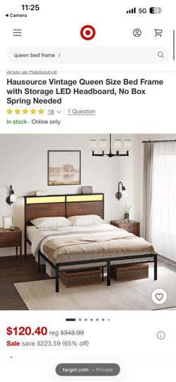 Open box Vintage Queen Size Bed Frame with Storage LED Headboard, No Box Spring Needed