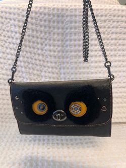 Coach F22768 Bear Chain Turnlock Crossbody Black Leather Wallet On Chain