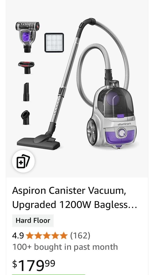 Aspiron Canister Vacuum, Upgraded 1200W Bagless 