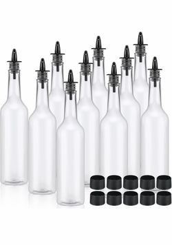 Tioncy - Set of 10 Long-Neck Plastic Syrup Bottles (10 oz) Includes pourers and black caps; reusable, leak-proof plastic liquor bottles—ideal for part