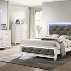 Modern White LED Queen Bedroom Set – 4 Pieces(Bed and Dresser w/mirror + Mattress & Adjustable Base)