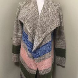 Long Draped Multicolor Stripe Open Front Knit Cardigan Sweater Sz M