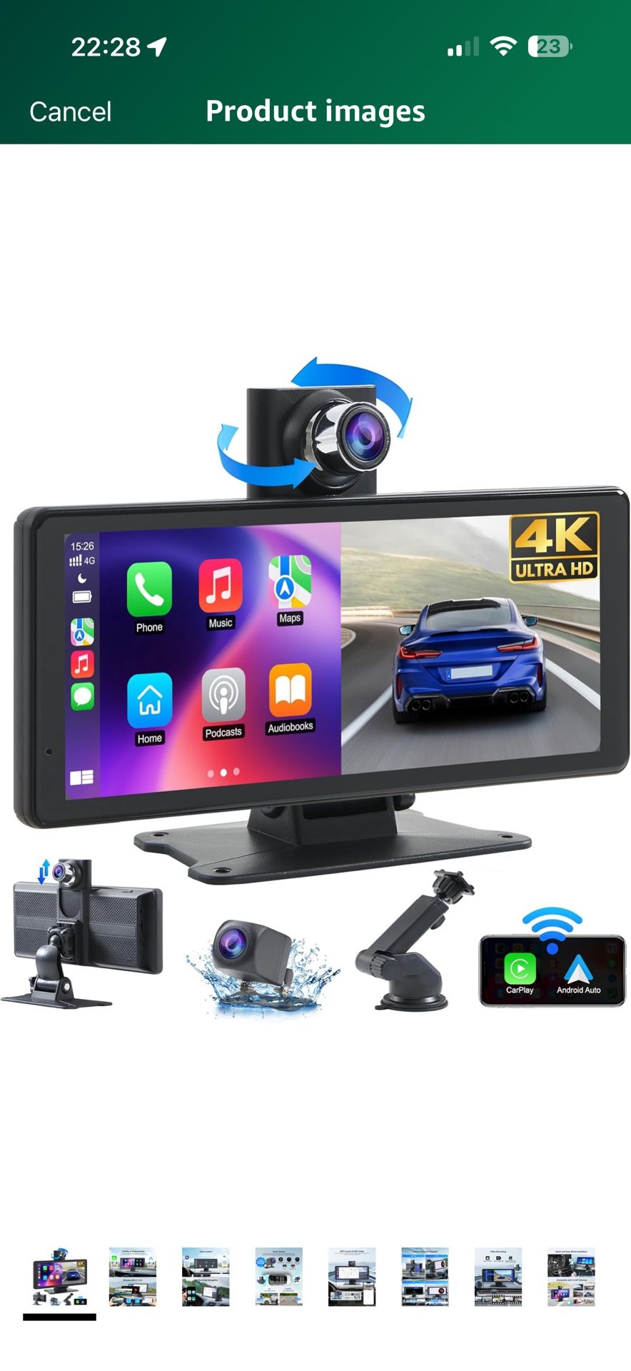 Wireless Car Stereo Carplay Screen with 4K Dash Cam, 8.1'' Portable 2K Touch Screen with 1080P Backup Camera, GPS Navigation for Car Play, Android Aut