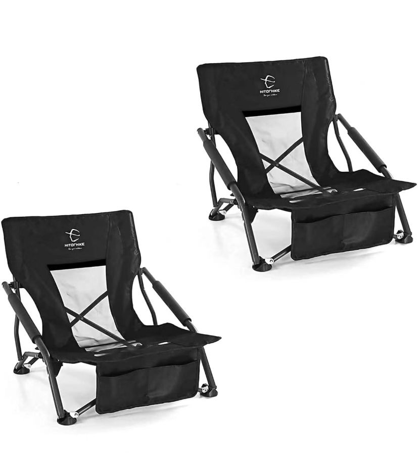 (2pcs) HITORHIKE Low Sling Beach Camping Concert Folding Chair with Armrests and Breathable Nylon Mesh Back Compact and Sturdy Chair