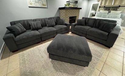 Gray Corduroy Modular Sectional Sofa with Ottoman