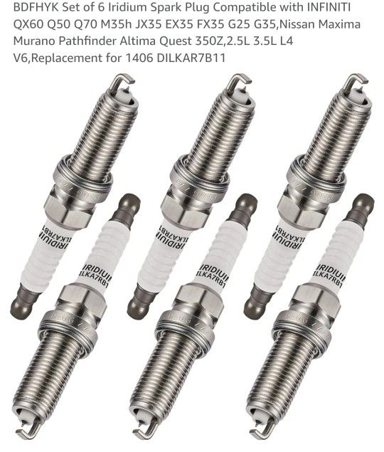 BDFHYK Set of 6 Iridium Spark Plug Compatible with INFINITI QX60 Q50 Q70 M35h JX35 EX35 FX35 G25 G35,Nissan Maxima Murano Pathfinder Altima Quest 350Z
