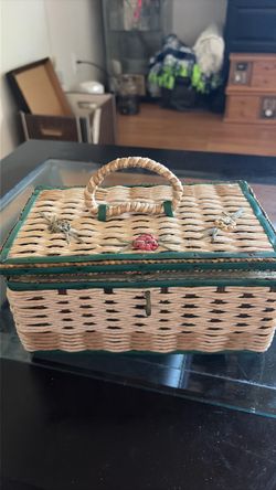 Vintage Wicker Sewing Basket with Handle