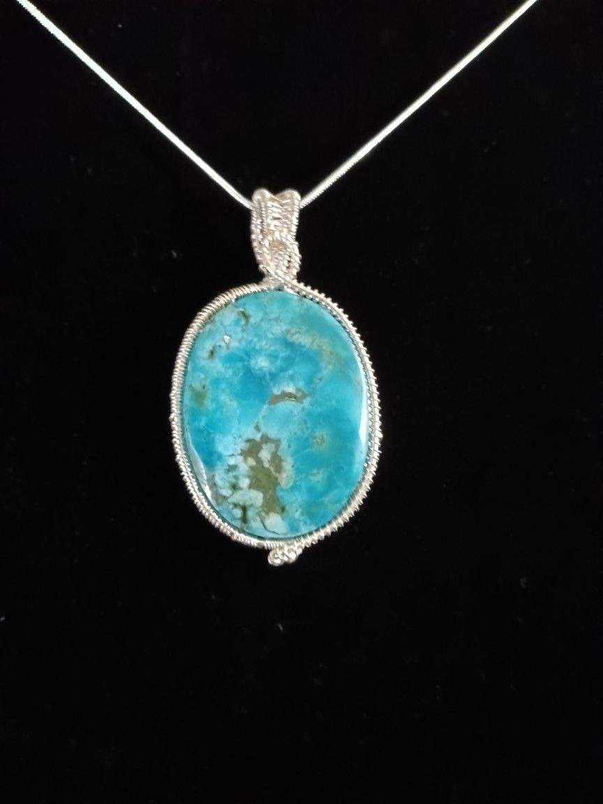 Genuine Arizona Blue Turquoise Wire Wrapped Sterling Silver Pendant Necklace Handmade