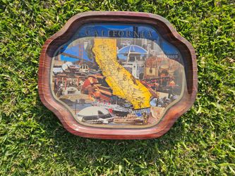 vintage tin souvenir tray features a California state map