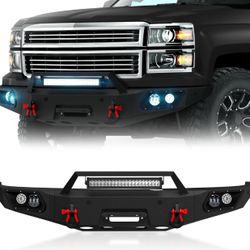 Off-Road Front Bumper Compatible with 2014 2015 Chevy Silverado 1500 Pickup Truck Bumper Equipped with Winch Plate, 5 x LED Lights, License Plate Brac