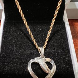 VINTAGE 14K YELLOW GOLD ROPE CHAIN NECKLACE  AND 10K WHITE GOLD HEART  WITH REAL DIAMONDS 