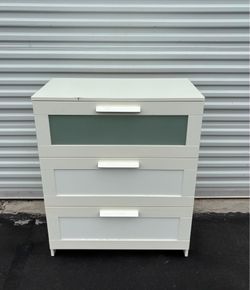 IKEA BRIMNES 3-drawer chest in white with a distinct frosted glass top panel. 31”x16”x37”