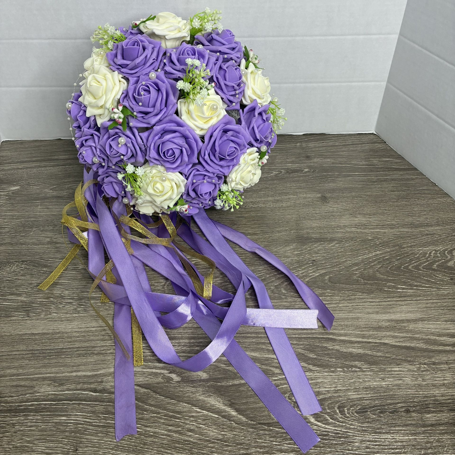 8.5” Bridal Floral Bouquet Purple & Ivory