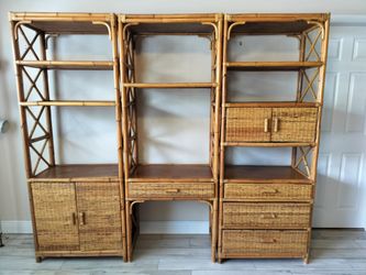 Mid 20th Century 3-Piece Vintage Bamboo BoHo Woven Rattan Etagere. See Full Description