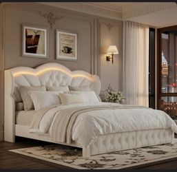 New in box King Bed Frame with 2 Drawers, LED Lights Platform Bed Frame, Sturdy Beds Frame with Upholstered Button Tufted Headboard, Velvet White