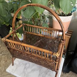 Vintage MCM Rattan Bamboo Wicker Magazine Boho Basket Organizer 12x17x22in