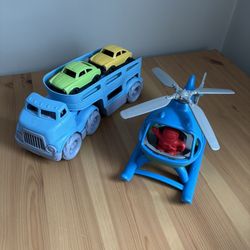 Green Toys Made In USA LOT Car Carrier Truck & Helicopter With Figure 