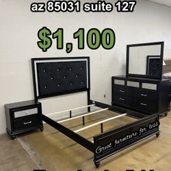 4 PCs Queen Size Bedroom Set Black Wood Brand New 