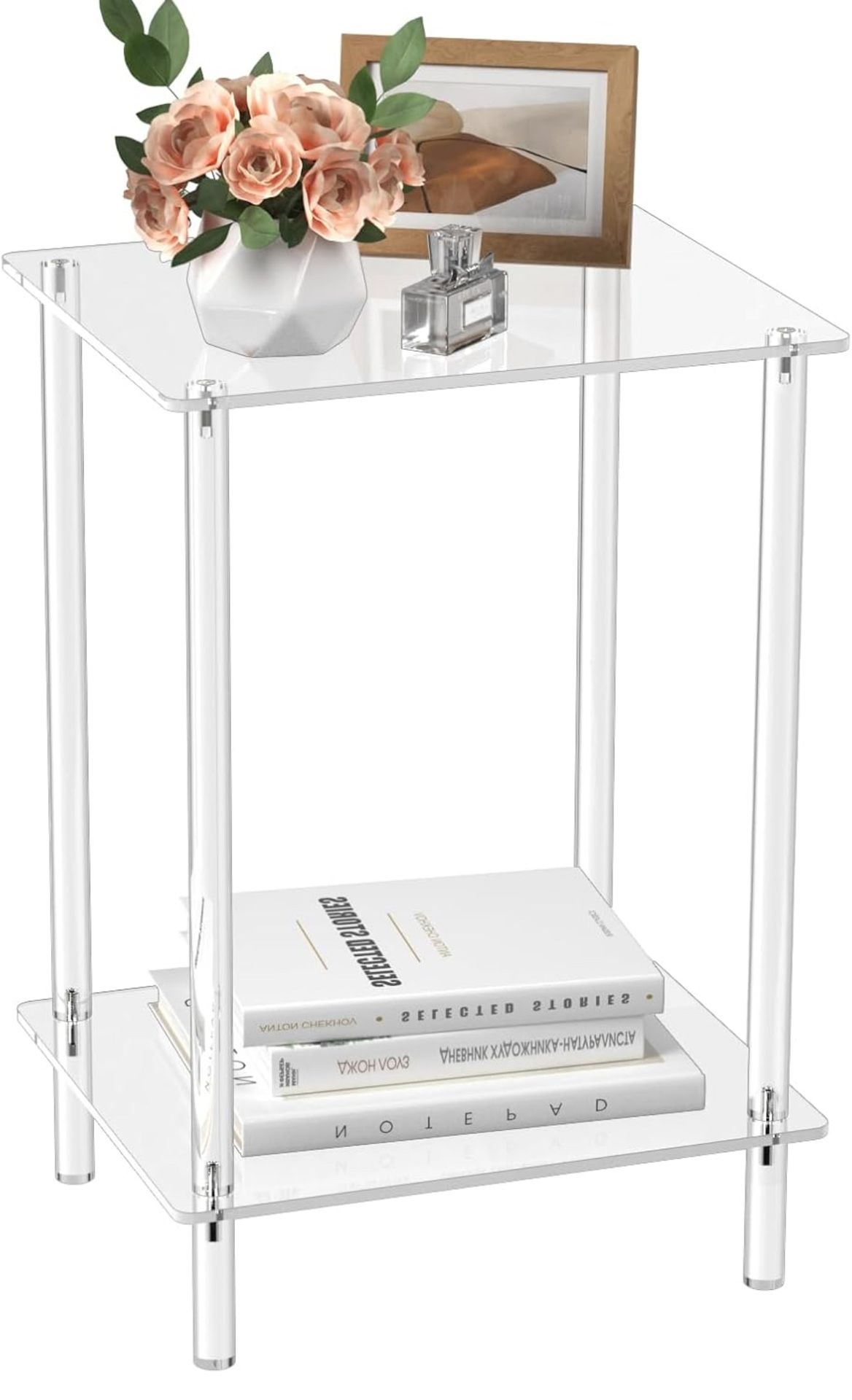 Brand New Small Acrylic Side Table - 13.4'' L x 11.5'' W x 19.6'' H Clear Nightstand - 2 Tiers Small End Table Bedside Table for Living Room, Bedroom