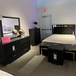 Black Queen Bed, Dresser, Mirror And One Nightstand