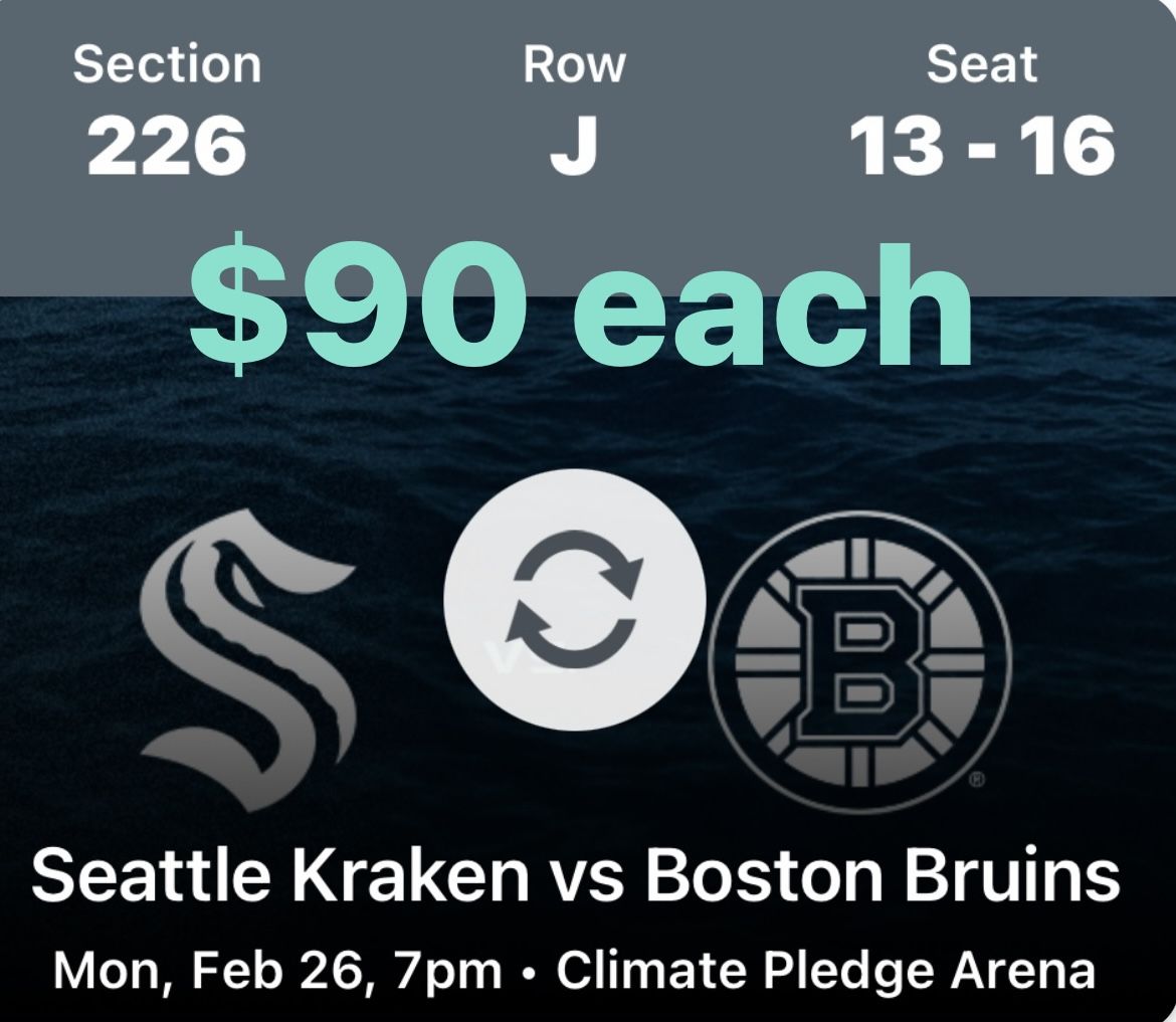 4 Tickets Kraken  vs Boston Bruins