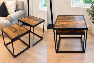 Set of 2 Rustic Wood & Black Metal Nesting Side Tables