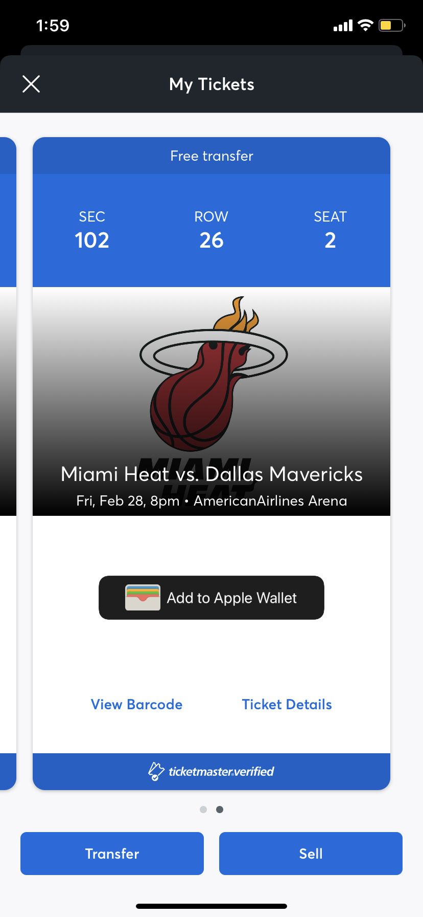 Miami Heat vs Dallas Mavericks - section 102 Row 26 - 2 tickets
