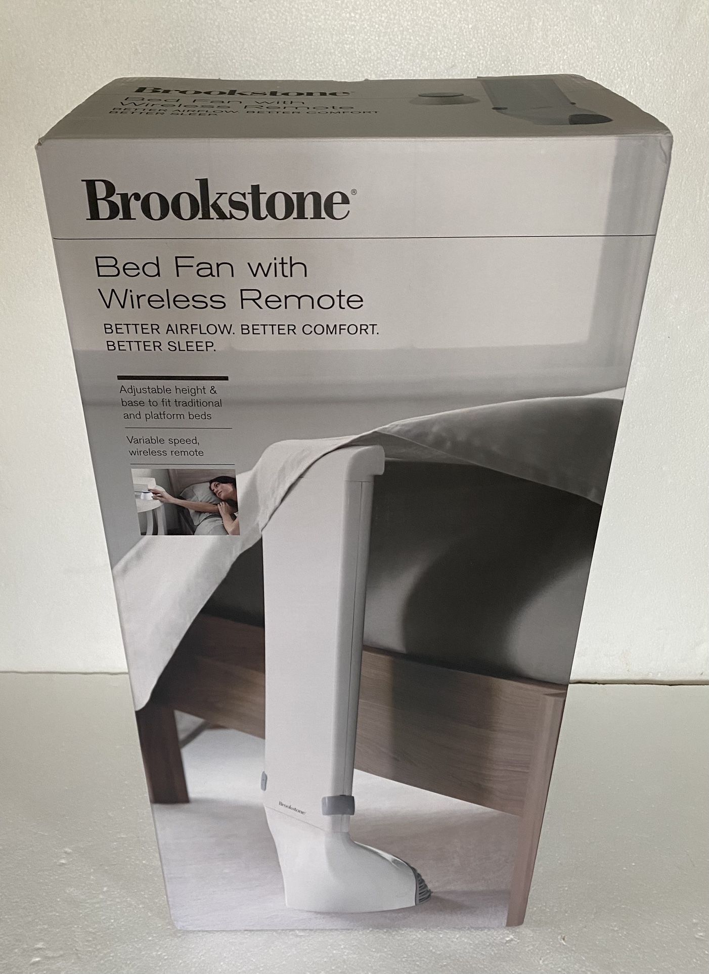 NIB BROOKSTONE Adjustable Height Bedside Under Sheet Fan With Wireless Remote Control