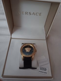 Men's Versace Palazzo Empire Gold & Black Watch w/ Black Leather Band