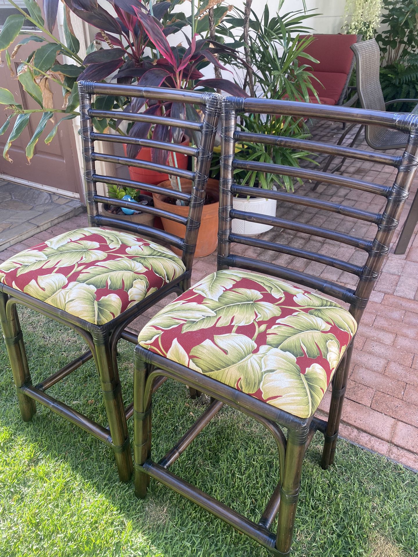 Pair Of 2 Bamboo Island Beachy Barstools with LIKE NEW Upholstered Seats