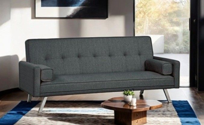 Brand New Dark Grey Futon Sofa Sleeper (Pillows Included)
