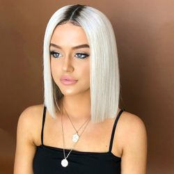 White Blonde Wig Medium Short Length Straight For Women Cap Wigs