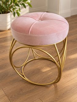 Pink Velvet Ottoman with Gold Metal Base