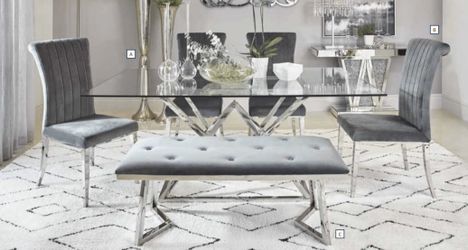 Brand New modern glass table with 4 chairs and bench