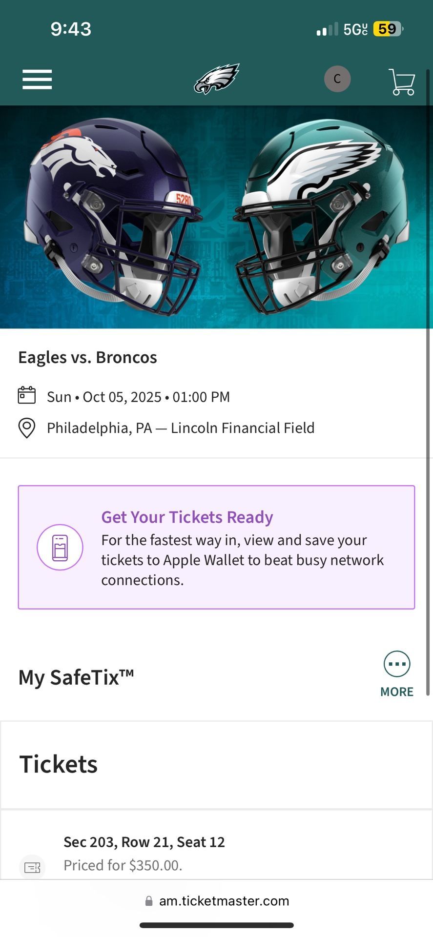Pair of Eagles Tickets Denver Broncos vs Philadelphia Eagles 