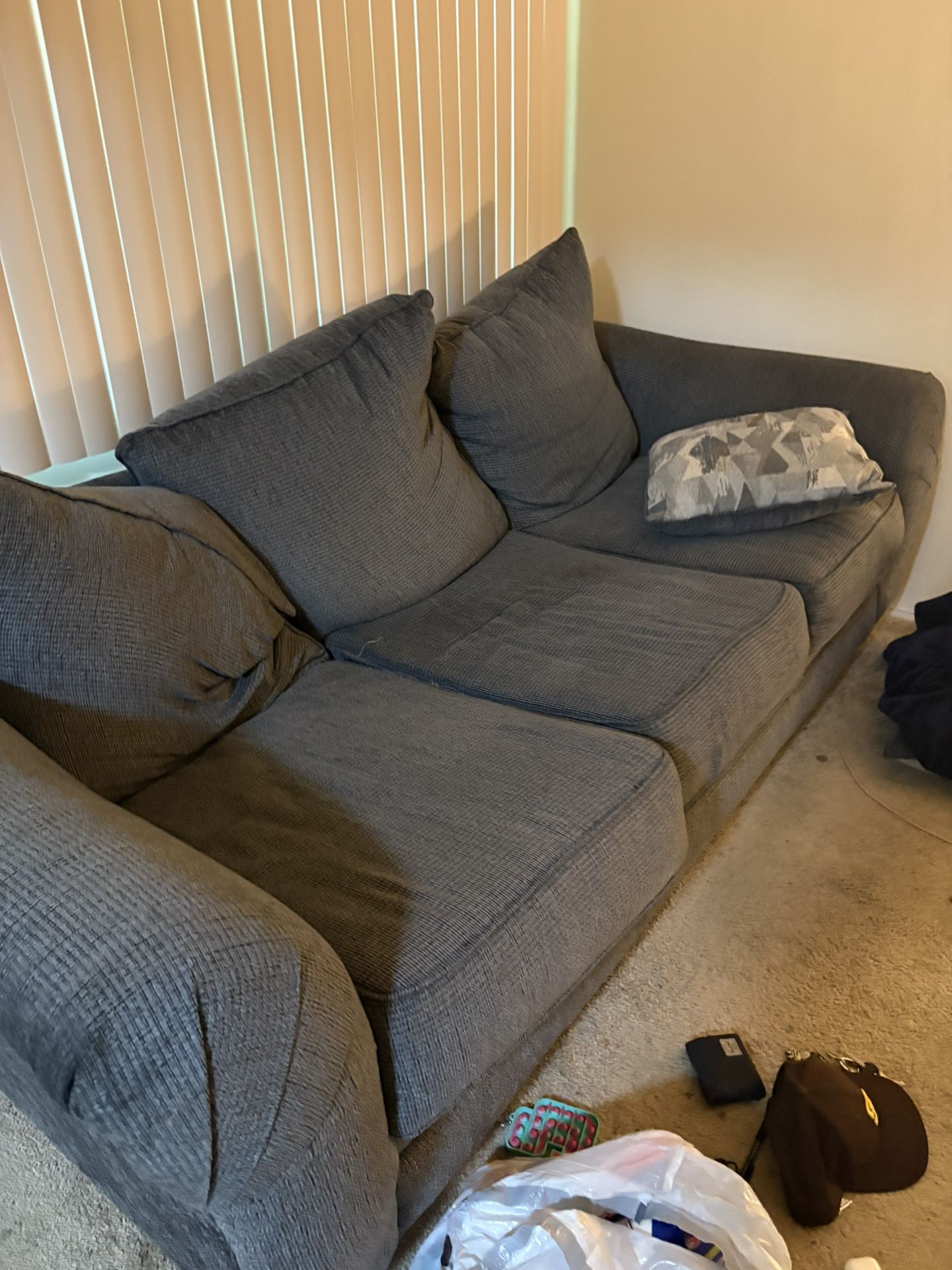 FREE couch and bed, including bed frame and boxspring and mattress still in plastic