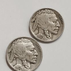 1927 , 1928 Buffalo Nickel Coins - Antique U.S Five Cents 