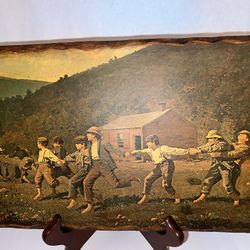 Vintage Lithograph Print 1930-50s Boys running in the Country on Wood