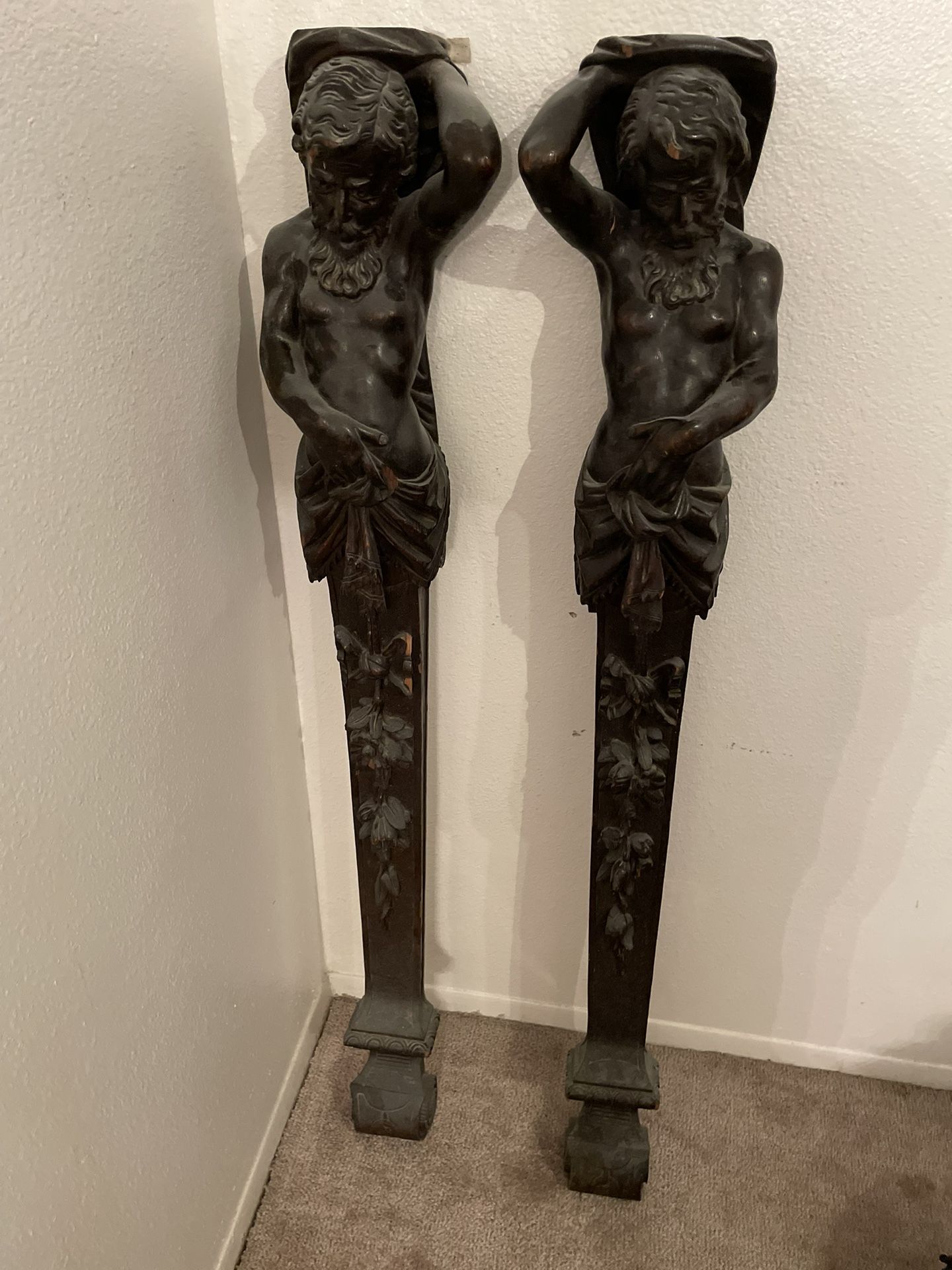 Twin late 19th century carved oak “Atlas” Newel Post Figures