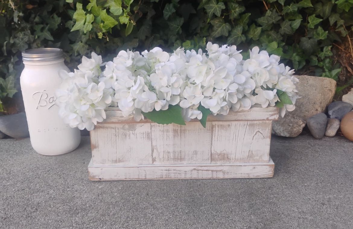 White Wooden Flower Box with Large Mason Jar