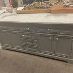 SALE - 72” Grey Solid Wood Bathroom Vanity With Marble Top (V1239)