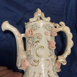 Vintage Bone China Flower Watering Can with Gold Trim pink rose 6.5" 