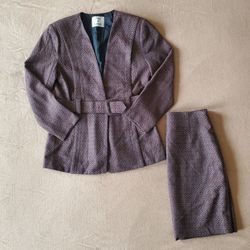Vintage Cline Kolarek Blazer Skirt Set Large Purple Tweed Belted Power Suit 2Pc