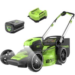 Greenworks 80V 21" Brushless Cordless (Push) Lawn Mower (LED Headlight + Aluminum Handles), 4.0Ah Battery And Rapid Charger Included (75+ Compatible T