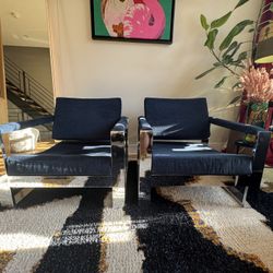 Mid Century Tank Chrome Flat Bar Lounge Chairs - Pair