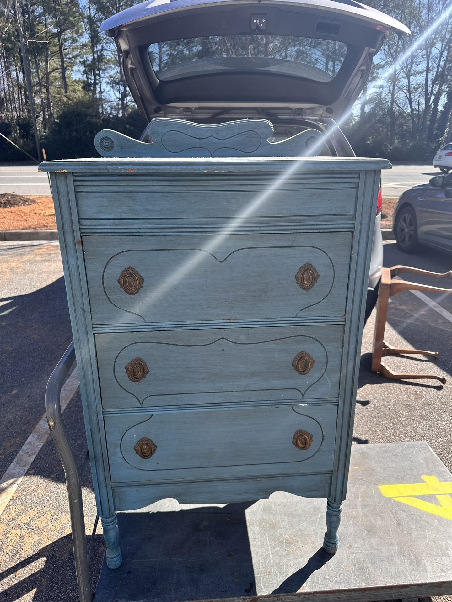 Vintage Blue Wood Dresser With Ornate Drawers & Antique Hardware