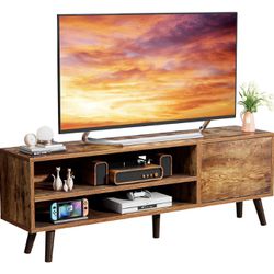 TV Stand with Storage for TVs up to 70 In, Rustic Brown TV Stand for Media, Mid Century Modern TV Stand & Entertainment Center with Shlef，Wood TV Cons