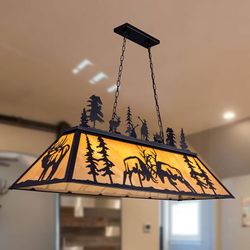  Tiffany Pool Table Light, 60 Inch Vintage Billiards Light Fixture for 7ft 8ft 9ft Pool Table, 4-Light Rustic Farmhouse Deer Elk Chandeliers for Dinin